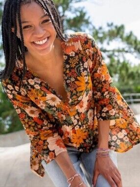 Natural Life Orange Floral Boho Blouse Size Large XL